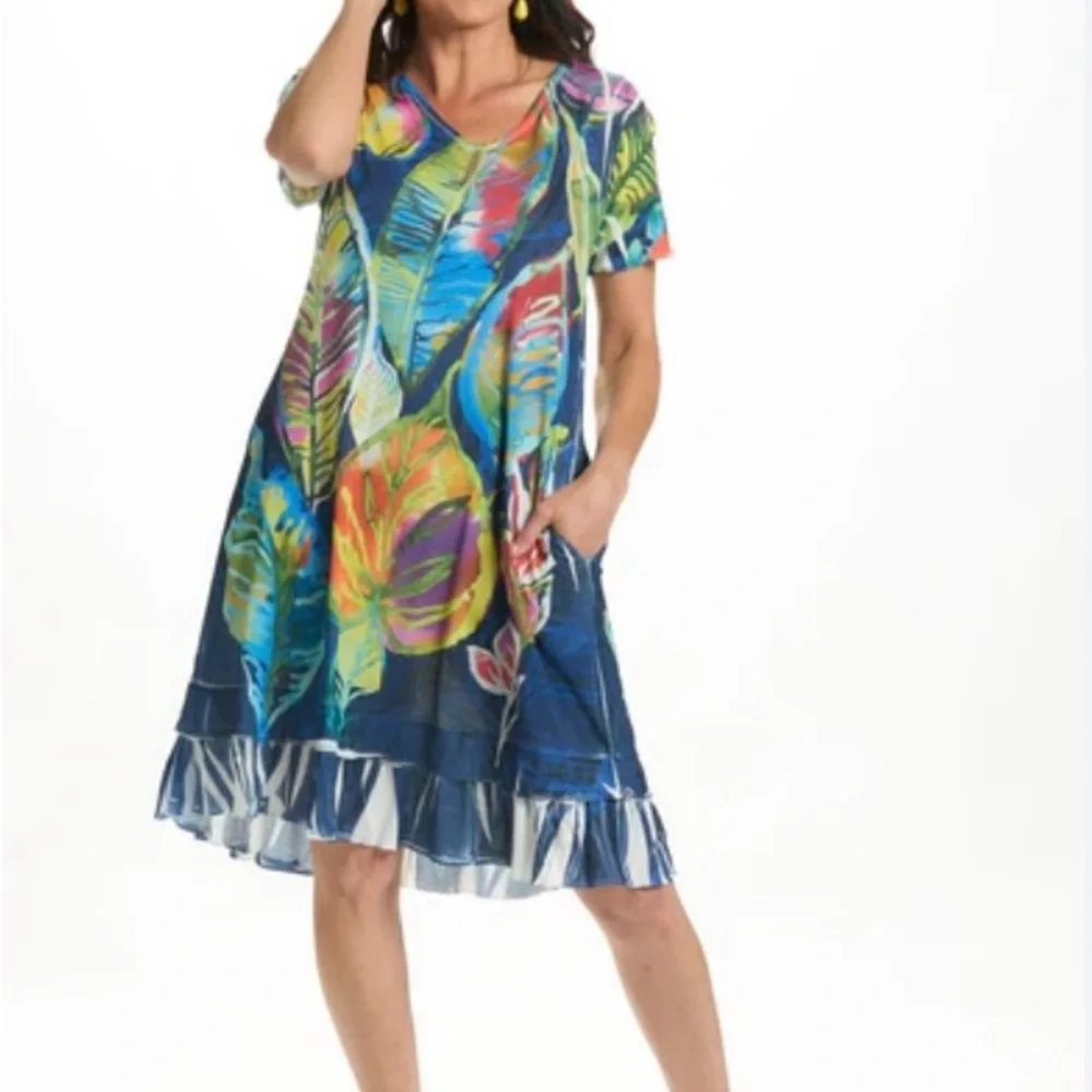 Patchington Cap Sleeve Ruffle Print Dress | L | Leafy Luau NEW!! - Picture 1 of 7